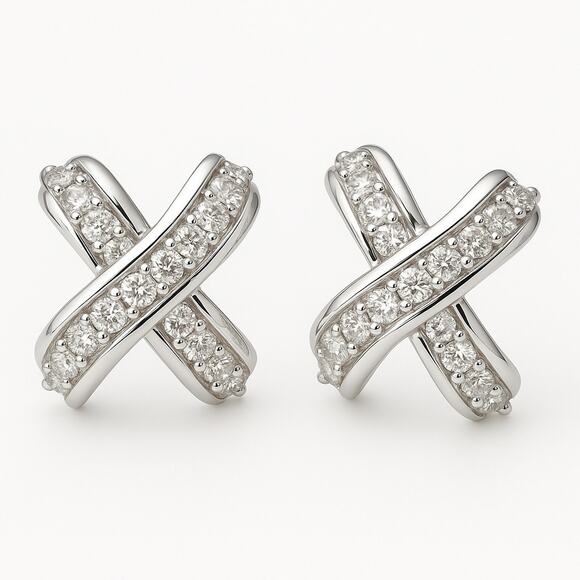 Sterling Silver CZ Earrings 1 Inch Criss Cross X Studs Sparkle Jewelry - Picture 3 of 10